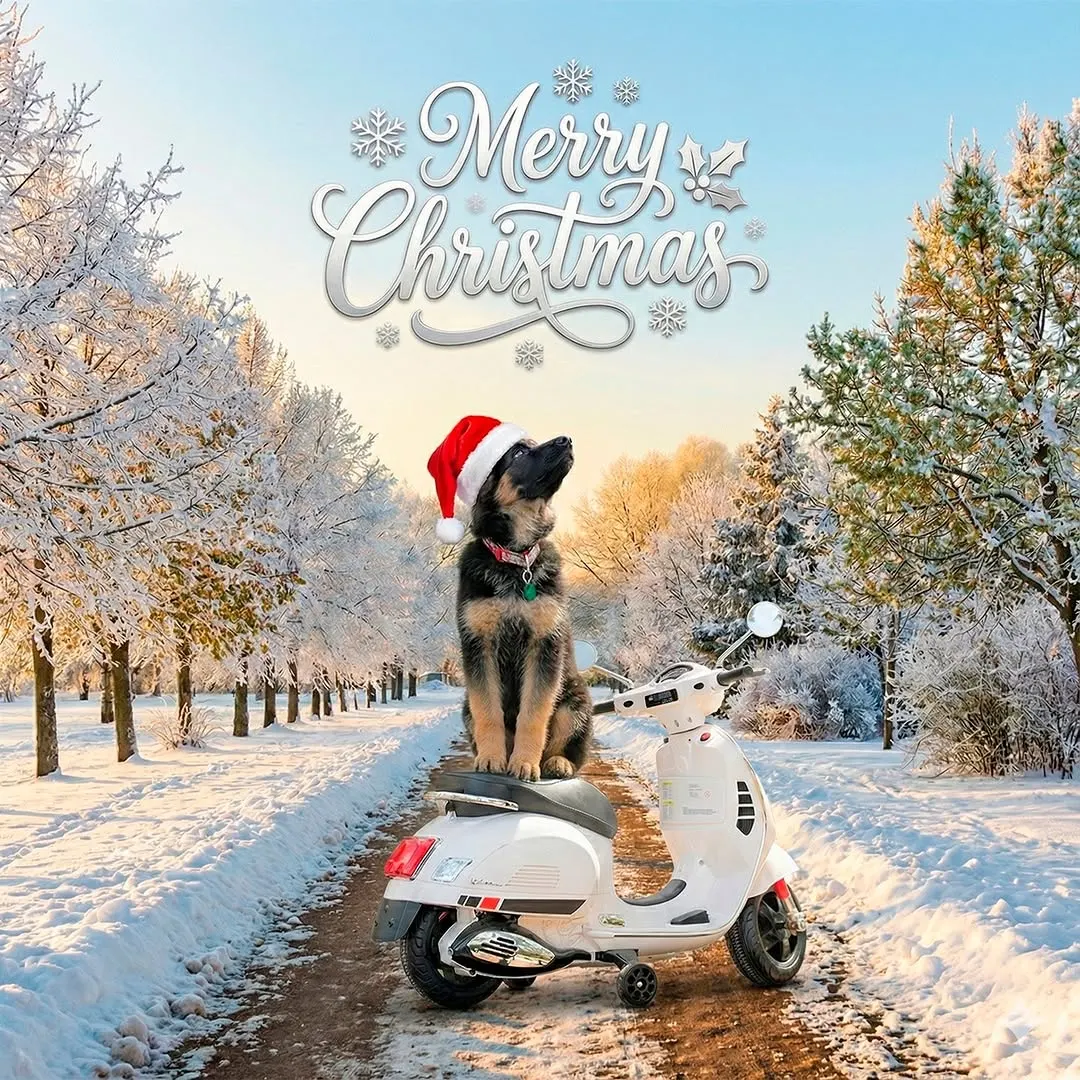 A German Shepherd puppy in a Santa hat sits on a little white scooter on a snowy, tree-lined path, under the words Merry Christmas