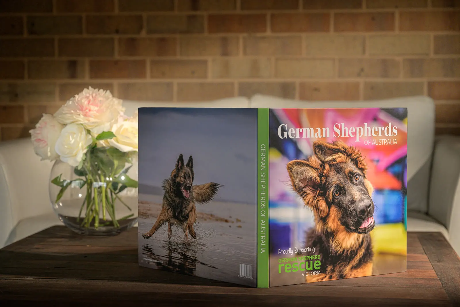 German Shepherds of Australia, Volume One, standing open to show a puppy with one ear up on the front and a shepherd running through shallow water on the back