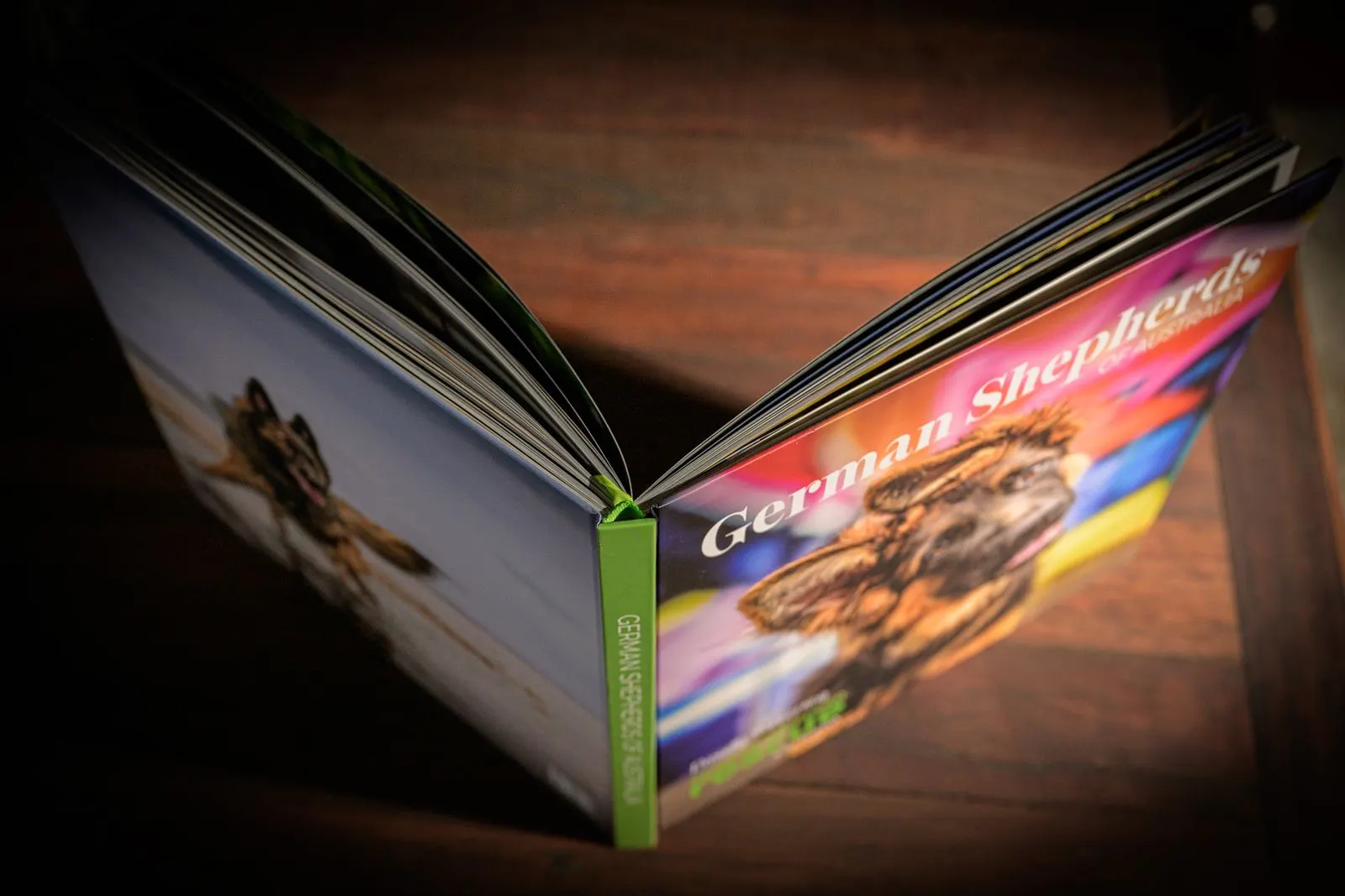 German Shepherds of Australia, Volume One, standing open on a dark timber table, seen from above, with a shepherd running on the back cover and a puppy on the front