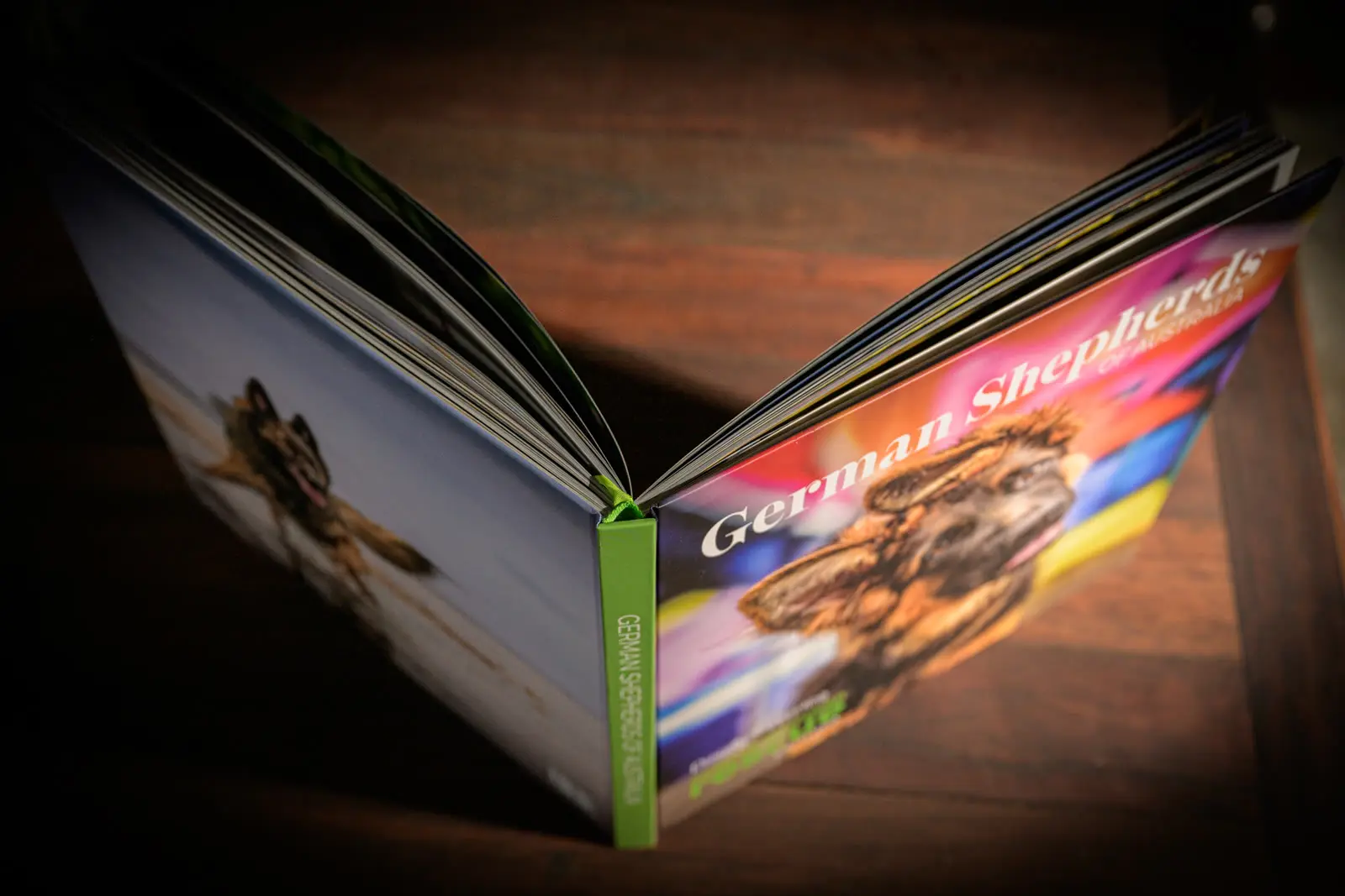 German Shepherds of Australia, Volume One, standing open on a timber table with its green spine and ribbon