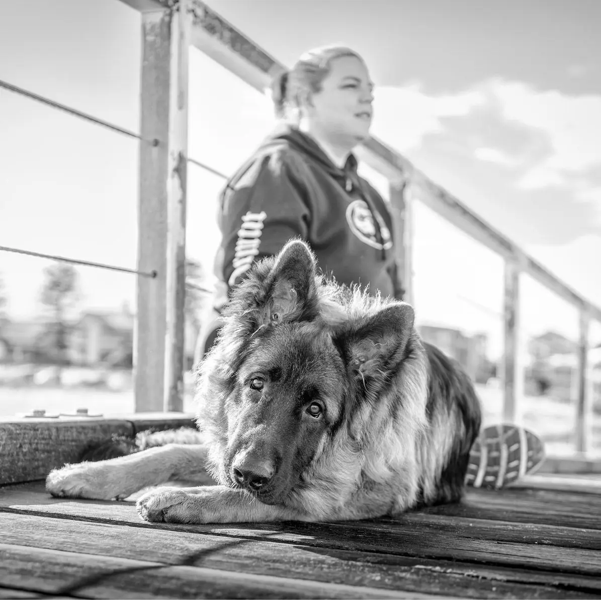 Black and white photograph of Kai, a long-coated German Shepherd, lying on a timber jetty, head tilted towards the camera, with Rebekah sitting behind looking out to the side